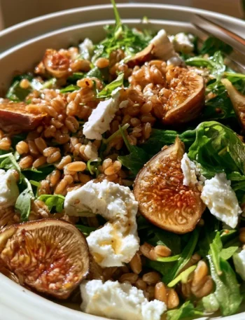 Insalata di farro con fichi, rucola e feta servita in un piatto elegante.