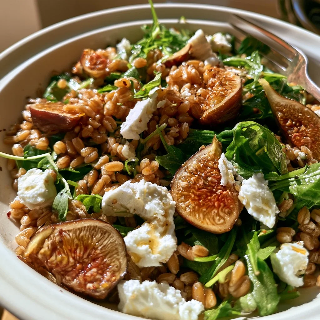 Insalata di farro con fichi, rucola e feta servita in un piatto elegante.