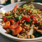 Insalata tiepida di lenticchie e verdure arrosto, piatto sano e colorato.