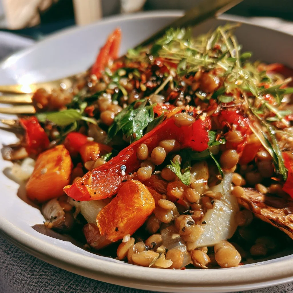 Insalata tiepida di lenticchie e verdure arrosto, piatto sano e colorato.