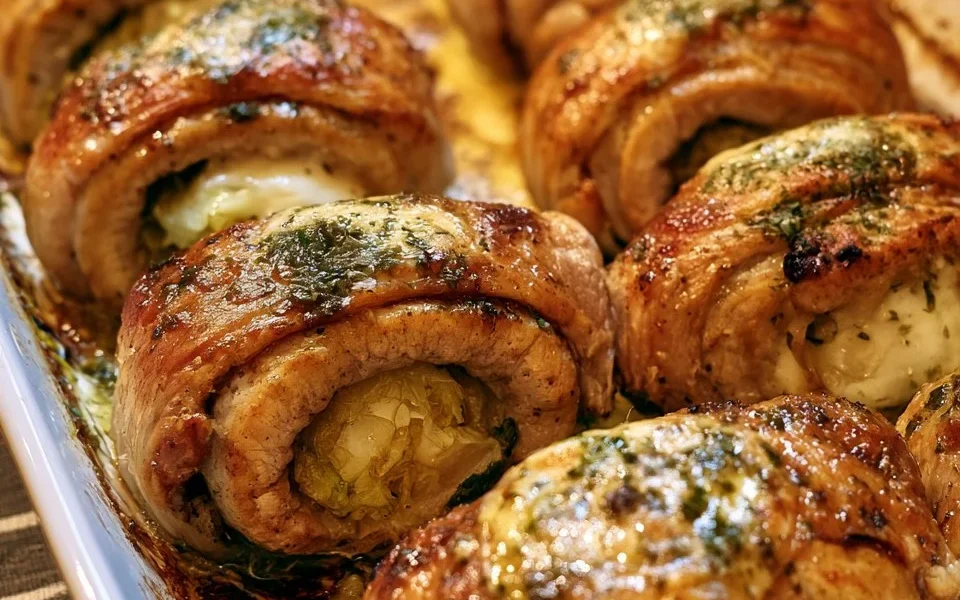 Involtini di maiale con verza e provola su un piatto