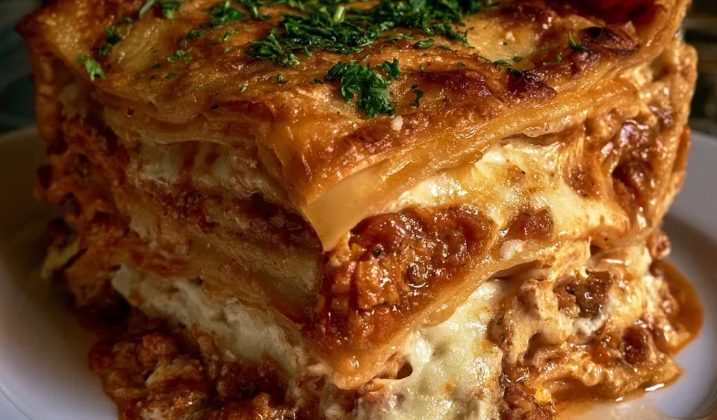 Lasagne alla bolognese con salsa e formaggio fuso.