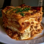 Lasagne alla bolognese con salsa e formaggio fuso.