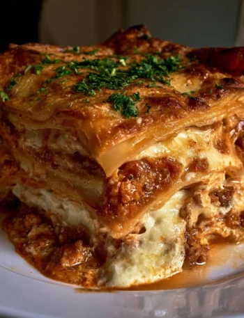 Lasagne alla bolognese con salsa e formaggio fuso.