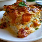 Lasagne alla zucca con speck e scamorza servite in un piatto