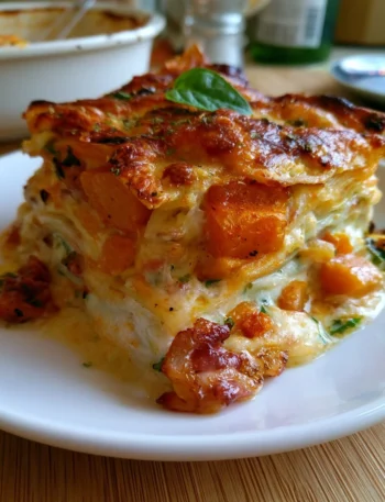 Lasagne alla zucca con speck e scamorza servite in un piatto