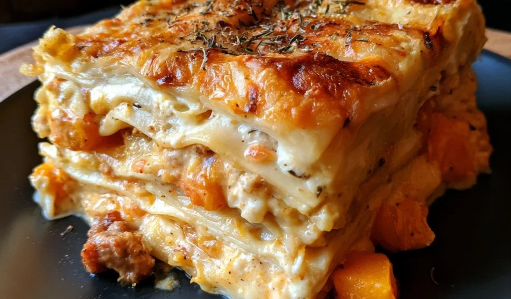 Lasagne bianche con zucca e salsiccia pronte da servire in un piatto