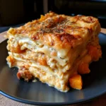 Lasagne bianche con zucca e salsiccia pronte da servire in un piatto