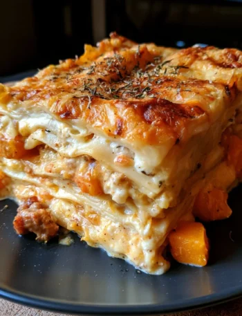 Lasagne bianche con zucca e salsiccia pronte da servire in un piatto