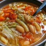 Minestra di fagioli con verza e pasta corta servita in una ciotola.
