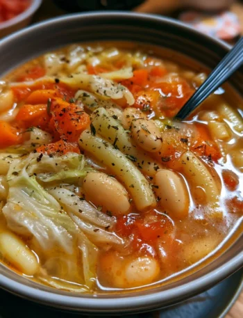 Minestra di fagioli con verza e pasta corta servita in una ciotola.