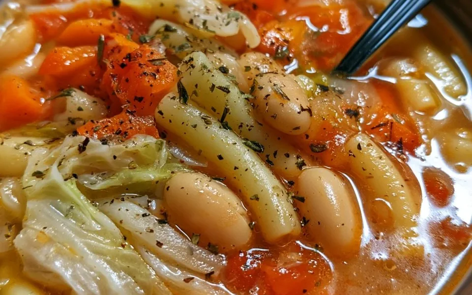 Minestra di fagioli con verza e pasta corta servita in una ciotola.