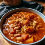 Minestrone autunnale con zucca, cavolo e fagioli in una ciotola