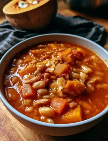 Minestrone autunnale con zucca, cavolo e fagioli in una ciotola