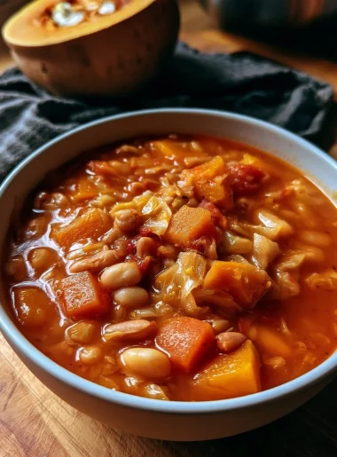 Minestrone autunnale con zucca, cavolo e fagioli in una ciotola