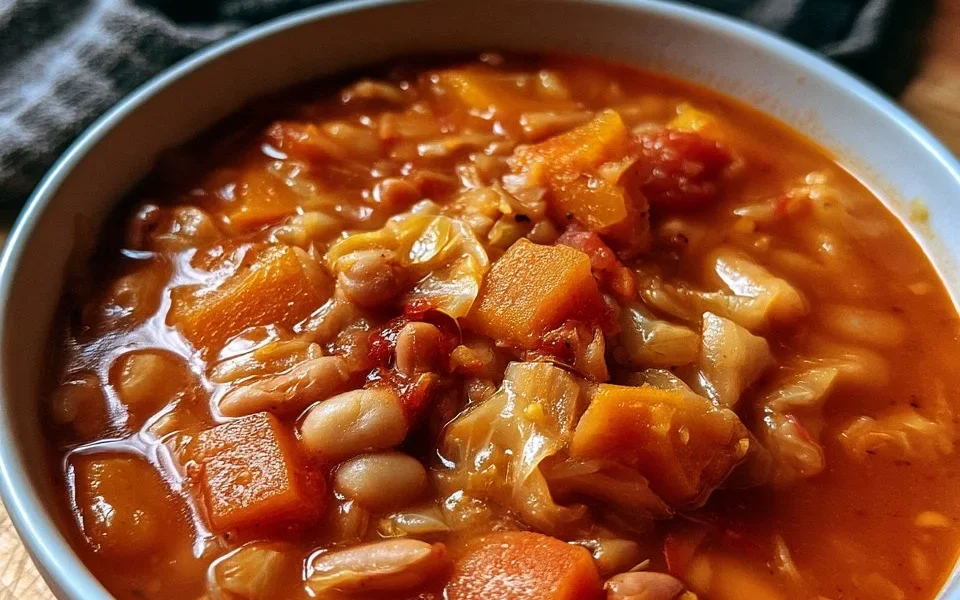 Minestrone autunnale con zucca, cavolo e fagioli in una ciotola