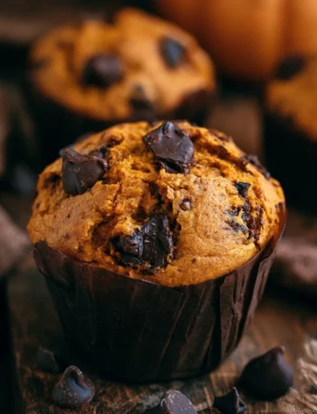 Muffin alla zucca con gocce di cioccolato su un piatto.