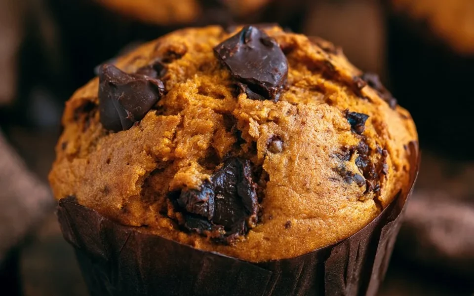 Muffin alla zucca con gocce di cioccolato su un piatto.