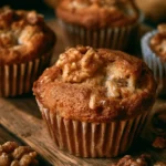 Muffin mele, yogurt e noci appena sfornati su un piatto.