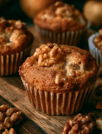 Muffin mele, yogurt e noci appena sfornati su un piatto.