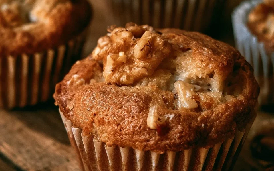 Muffin mele, yogurt e noci appena sfornati su un piatto.