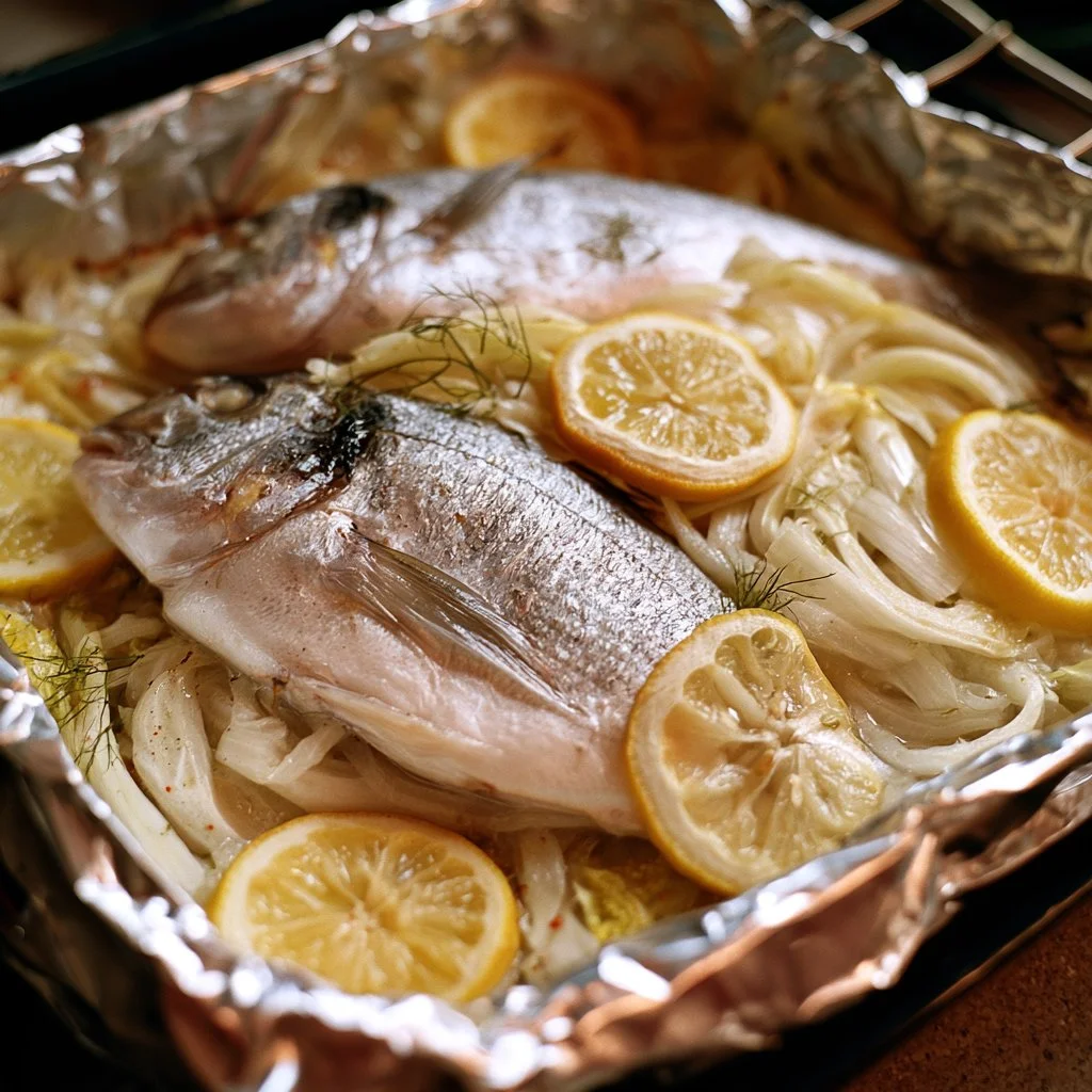 Orata al forno con finocchi e limone, piatto elegante e saporito
