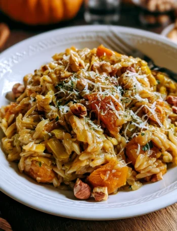 Orzotto alla zucca, porri e nocciole servito in un piatto