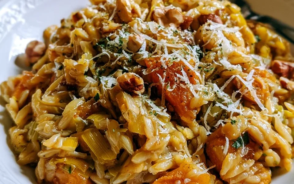 Orzotto alla zucca, porri e nocciole servito in un piatto