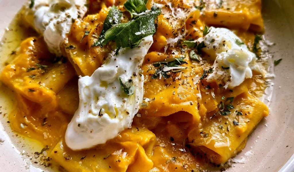 Paccheri con crema di zucca e burrata, un piatto italiano gustoso e cremoso.