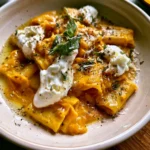 Paccheri con crema di zucca e burrata, un piatto italiano gustoso e cremoso.