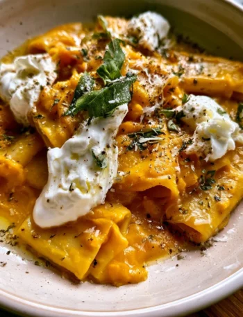 Paccheri con crema di zucca e burrata, un piatto italiano gustoso e cremoso.