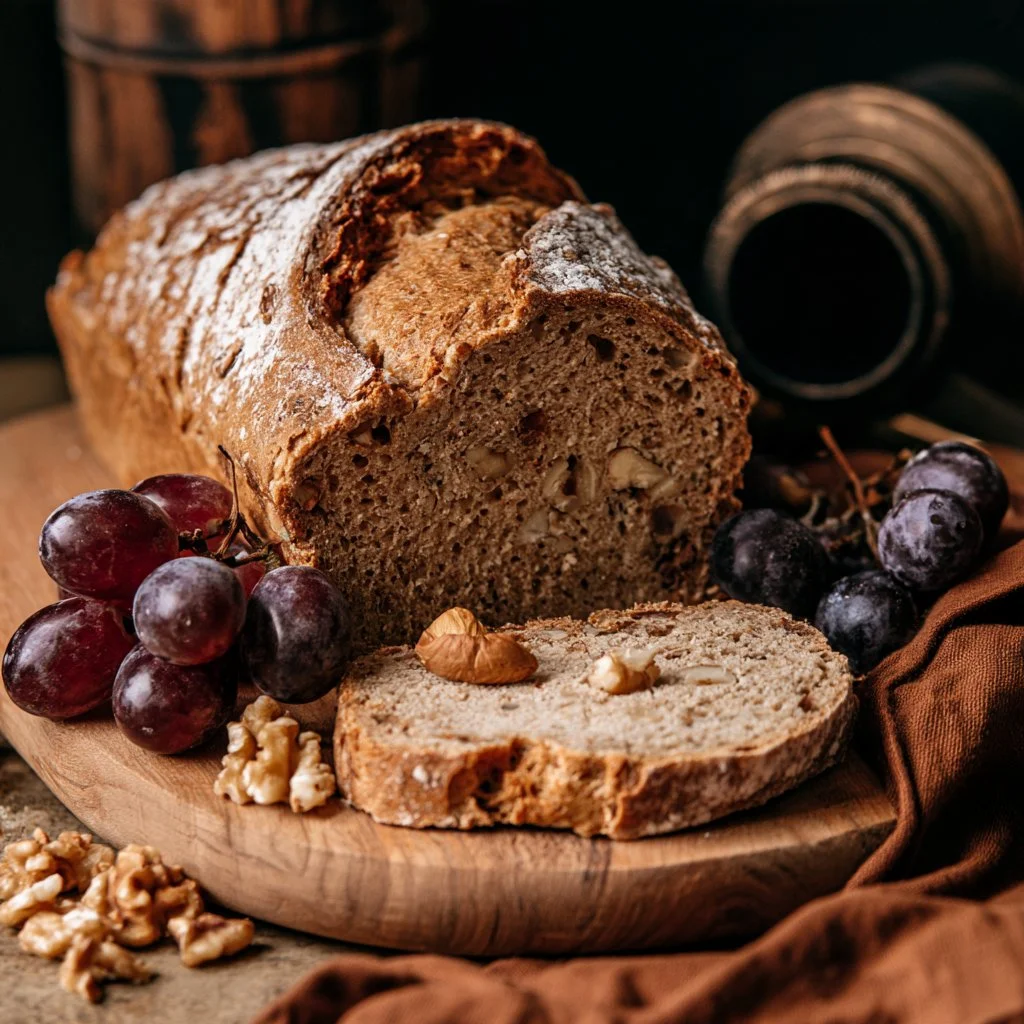 Pane rustico alle noci e uva, un delizioso e sano sostituto per ogni pasto.