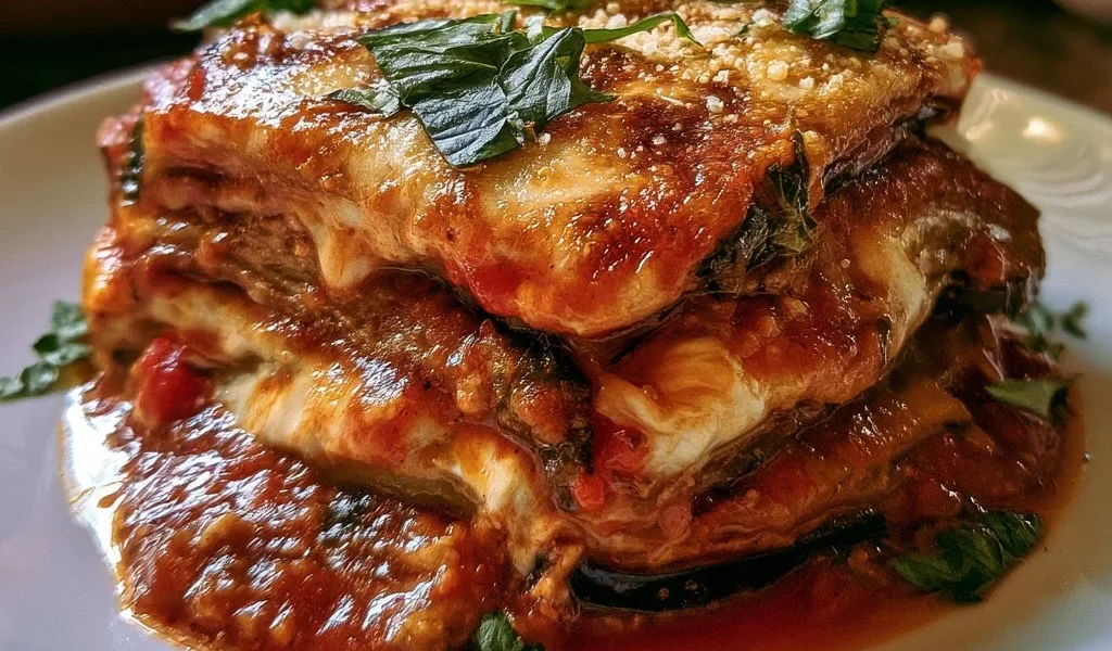 Piatto di Parmigiana di melanzane servito con mozzarella e salsa di pomodoro.