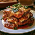 Piatto di Parmigiana di melanzane servito con mozzarella e salsa di pomodoro.