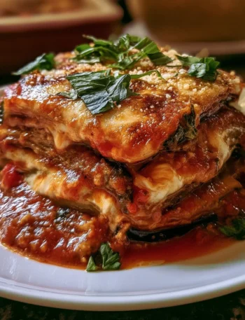 Piatto di Parmigiana di melanzane servito con mozzarella e salsa di pomodoro.