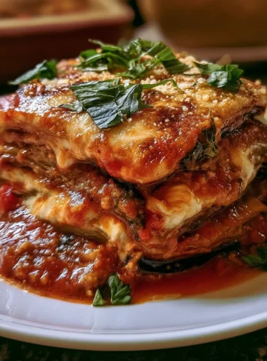 Piatto di Parmigiana di melanzane servito con mozzarella e salsa di pomodoro.