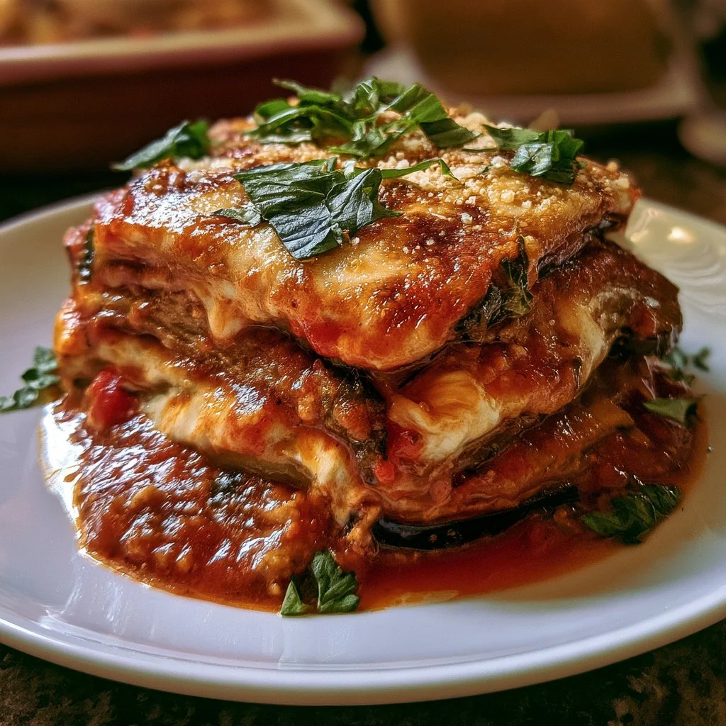 Piatto di Parmigiana di melanzane servito con mozzarella e salsa di pomodoro.