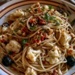 Pasta al cavolfiore con olive e peperoncino pronta da servire