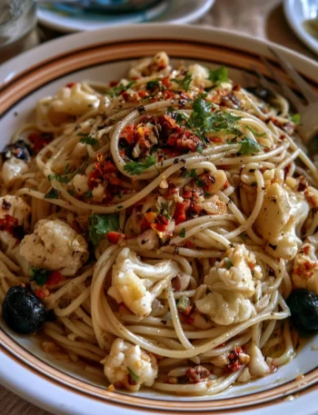 Pasta al cavolfiore con olive e peperoncino pronta da servire