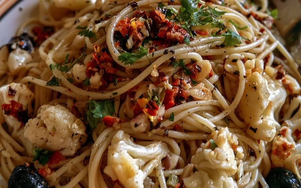 Pasta al cavolfiore con olive e peperoncino pronta da servire