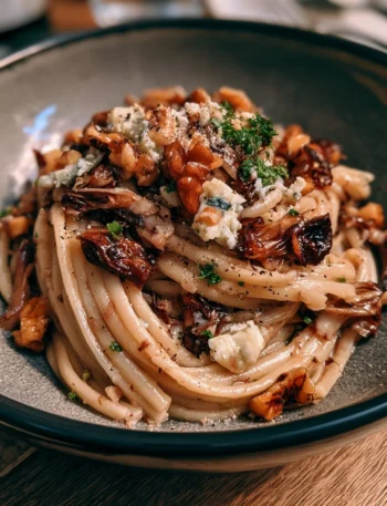 Pasta al radicchio con noci e gorgonzola in un piatto gourmet