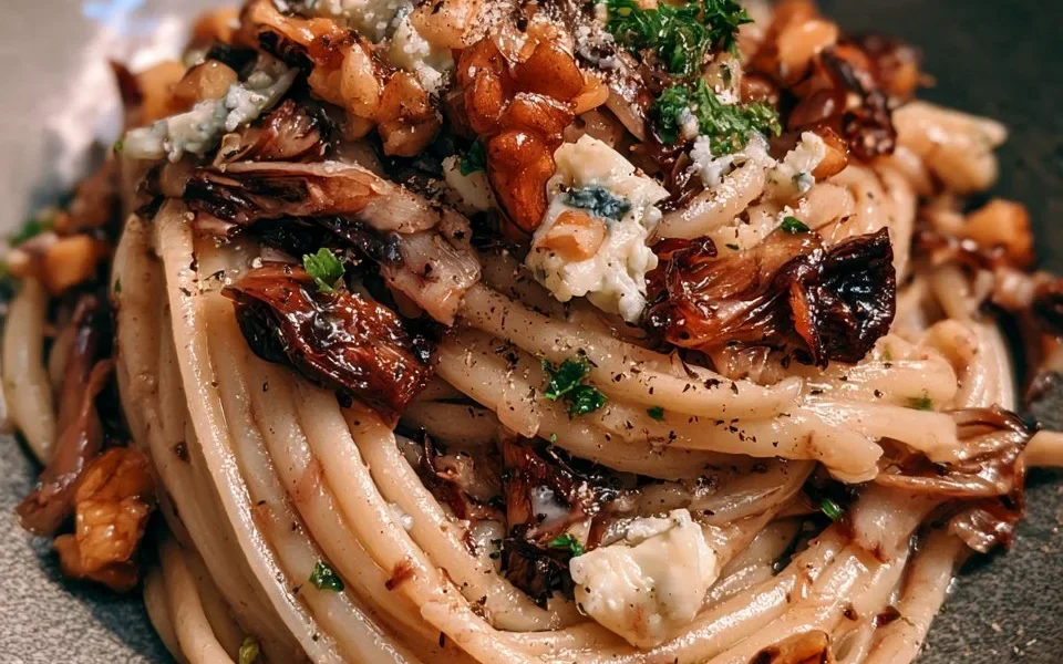 Pasta al radicchio con noci e gorgonzola in un piatto gourmet