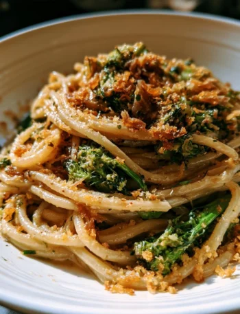 Pasta con broccoli, acciughe e pangrattato servita in un piatto