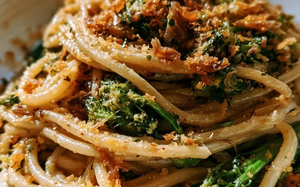 Pasta con broccoli, acciughe e pangrattato servita in un piatto