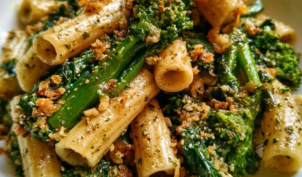 Pasta con cime di rapa e pangrattato servita in un piatto colorato