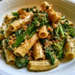 Pasta con cime di rapa e pangrattato servita in un piatto colorato