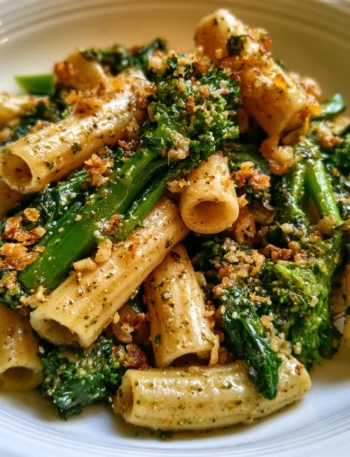 Pasta con cime di rapa e pangrattato servita in un piatto colorato