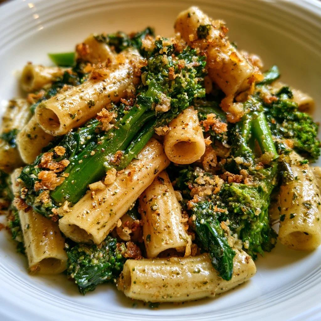 Pasta con cime di rapa e pangrattato servita in un piatto colorato