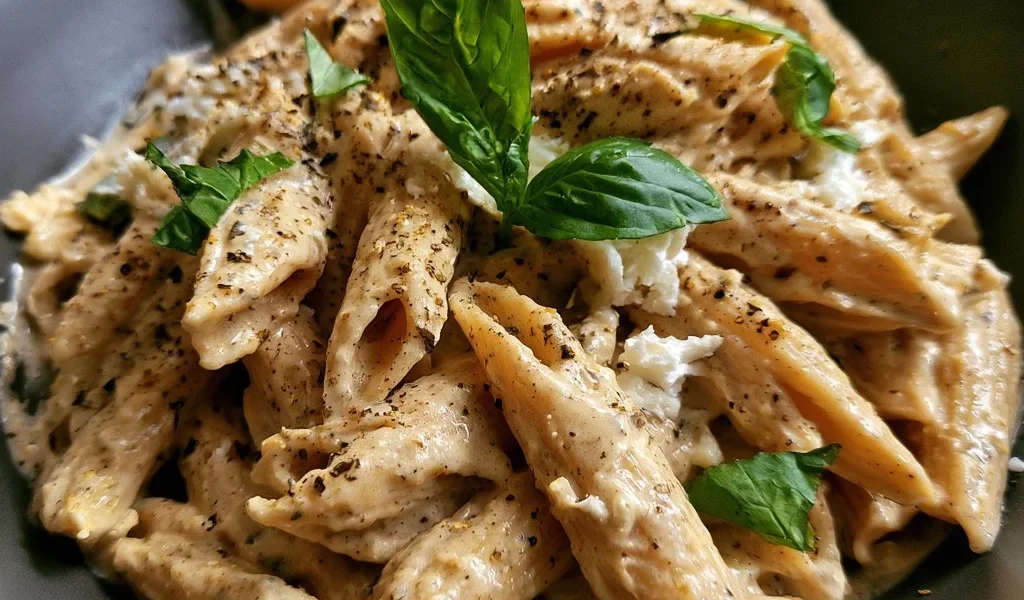 Pasta con crema di peperoni e ricotta, un piatto italiano cremoso e gustoso.