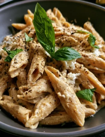 Pasta con crema di peperoni e ricotta, un piatto italiano cremoso e gustoso.